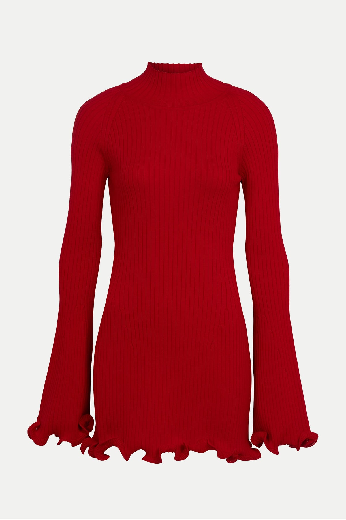 Red dress with long sleeves and ruffled hem on a white background