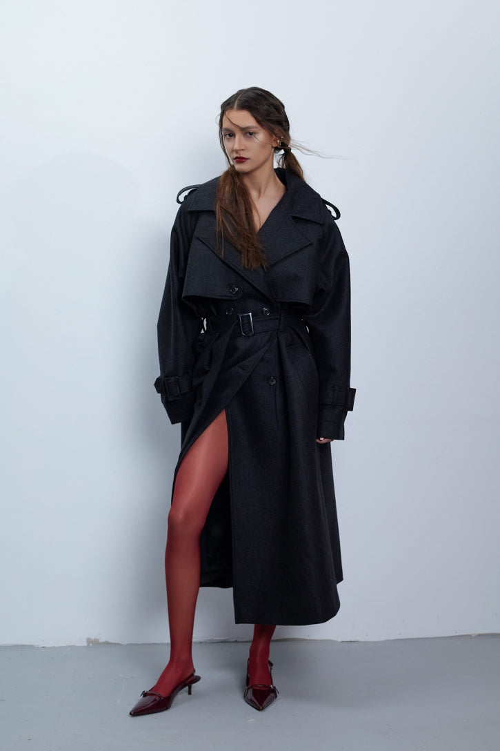 Dark Graphite luxurious cashmere blend trench coat with storm flaps and refined tailoring by TeAdore.