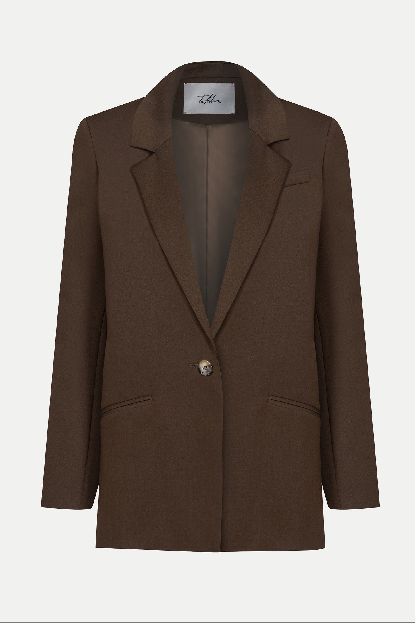 Brown wool women blazer with a single button on a white background