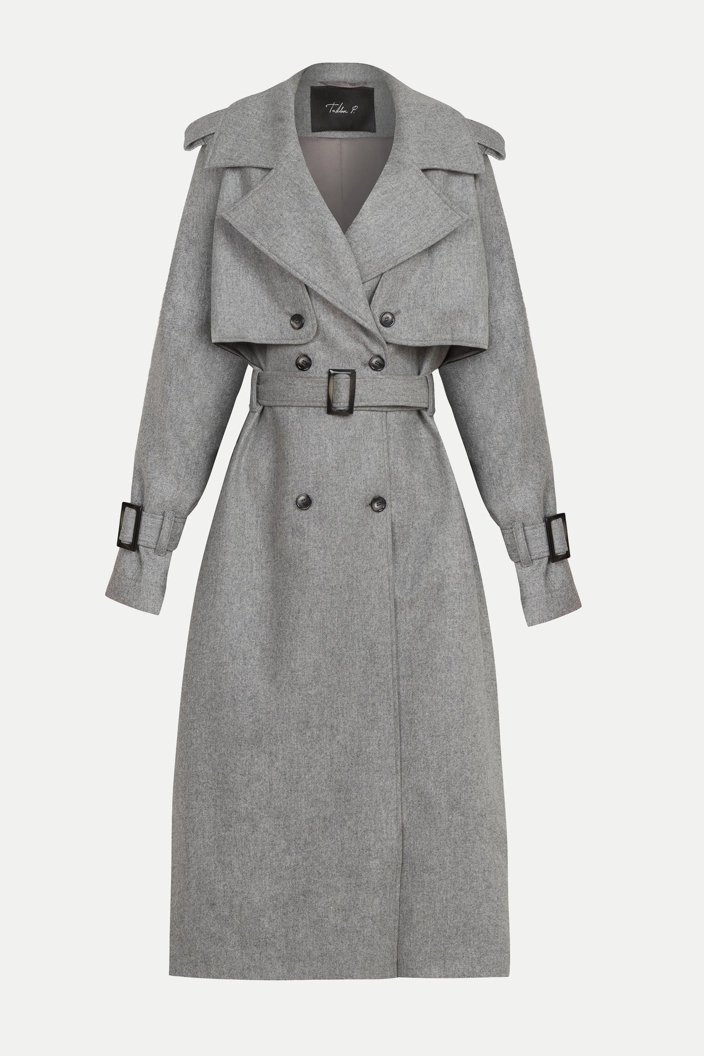 Luxury designer women’s cashmere coat – front view of Valerié double-breasted grey coat in soft cashmere