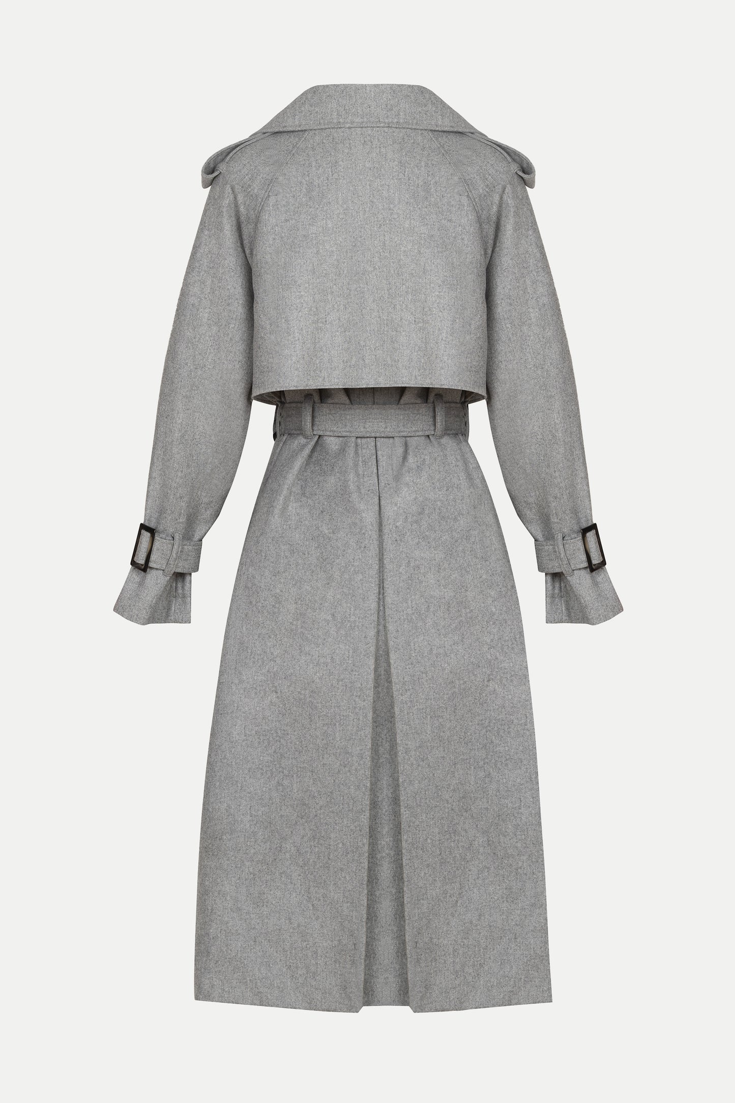 Back view of luxury women’s cashmere coat – Valerié grey trench silhouette with belt and epaulettes