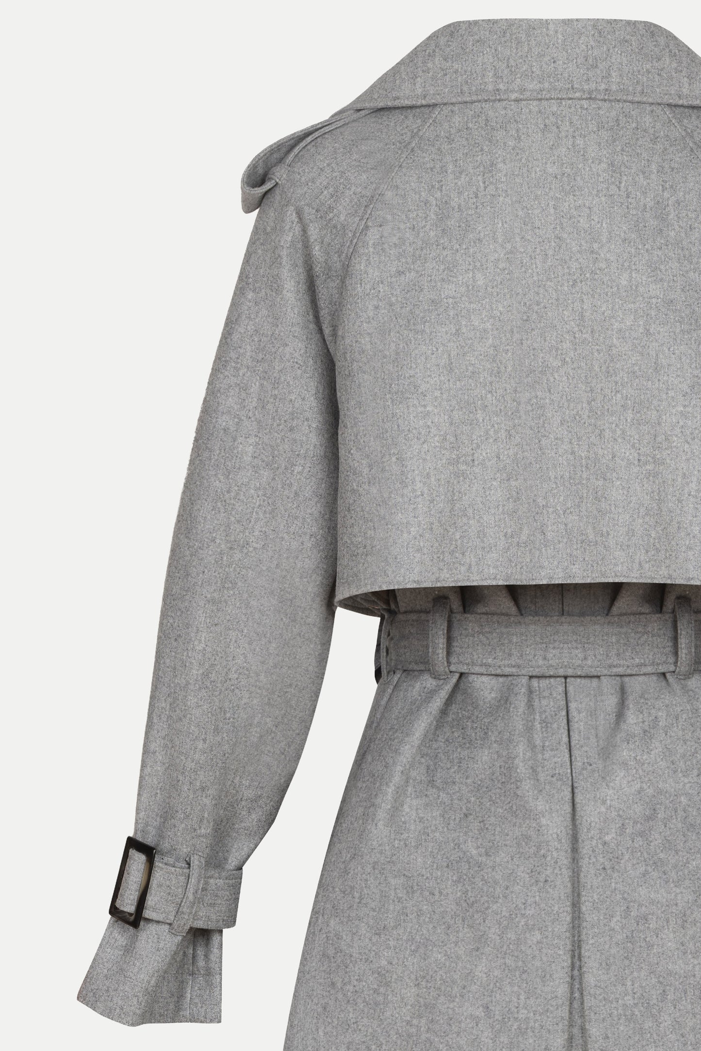 Gray trench coat with a belt on a light gray background