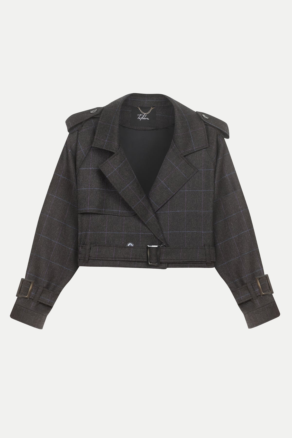 Luxury designer women’s wool & cashmere cropped trench coat – front view of Arina in brown windowpane check