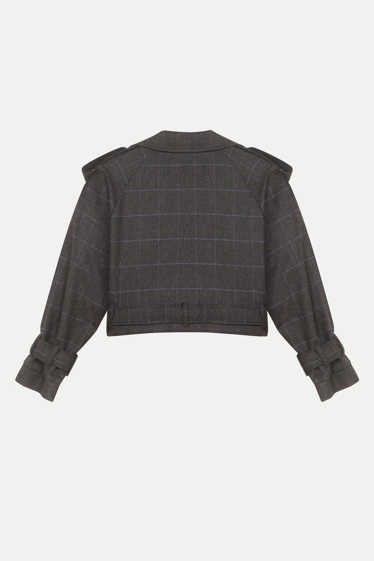 Back view of luxury women’s wool & cashmere cropped trench coat – Arina in brown windowpane check, premium outerwear
