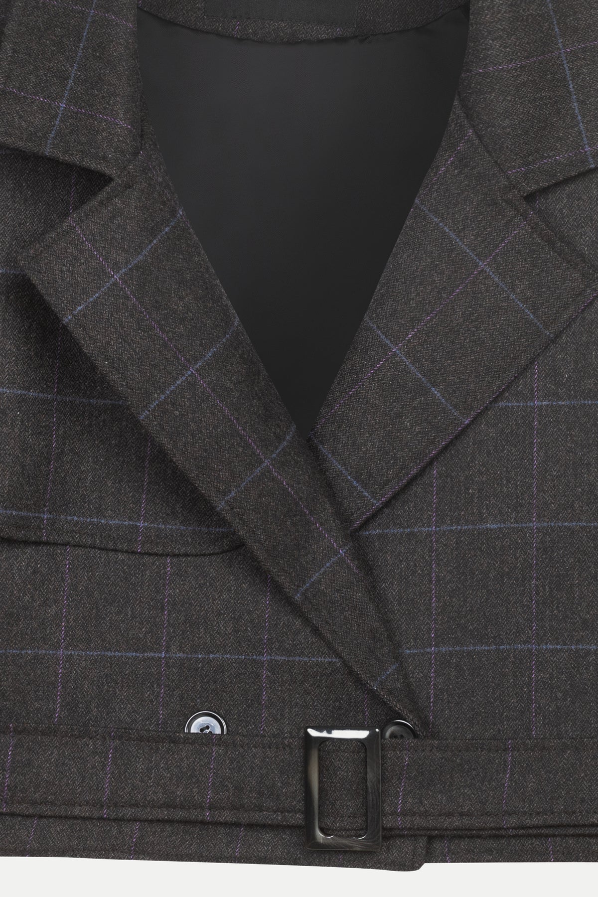 Close-up detail of belt and epaulette on luxury designer wool & cashmere cropped trench coat – Arina